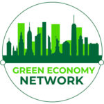 Text displaying 'Green Economy Network' along with an illustration of the New York City skyline with a green fill, representing a commitment to creating green jobs in the city.
